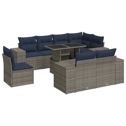 9-tlg. Garten-Sofagarnitur mit Kissen Grau Poly Rattan Akazie