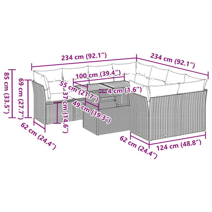9-tlg. Garten-Sofagarnitur mit Kissen Beige Poly Rattan