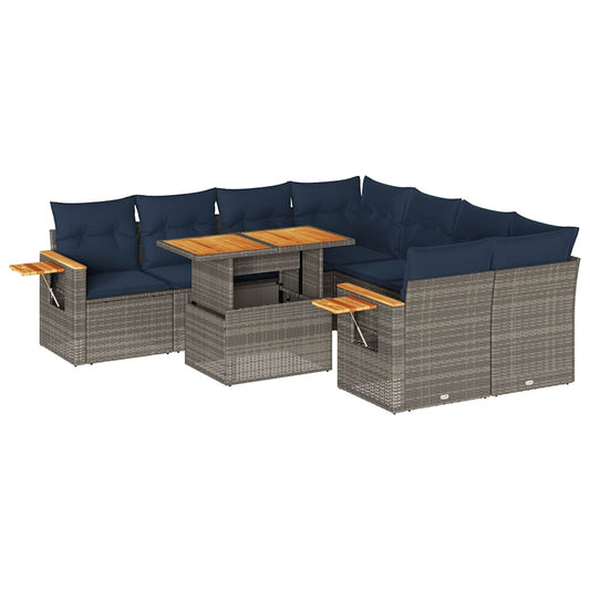 9-tlg. Garten-Sofagarnitur mit Kissen Grau Poly Rattan