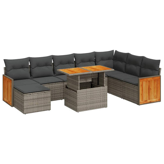 9-tlg. Garten-Sofagarnitur mit Kissen Grau Poly Rattan Akazie