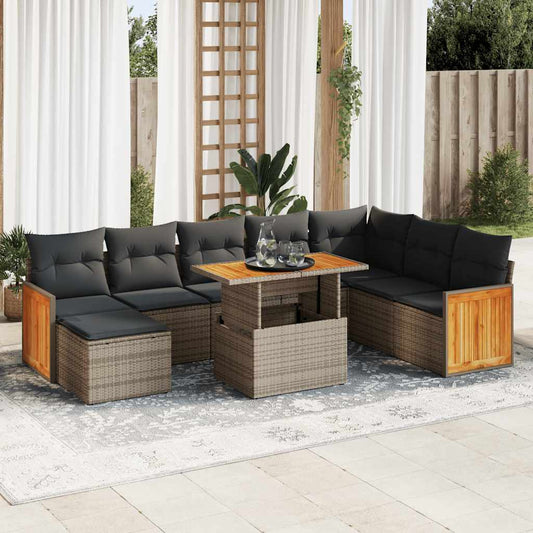 9-tlg. Garten-Sofagarnitur mit Kissen Grau Poly Rattan Akazie
