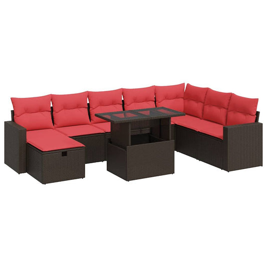 9-tlg. Garten-Sofagarnitur mit Kissen Braun Poly Rattan