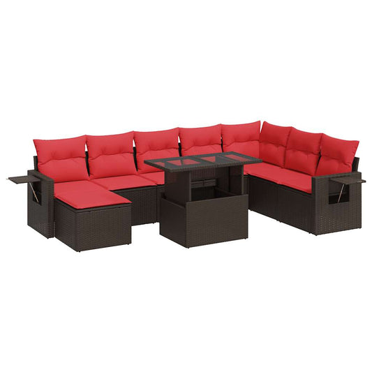 9-tlg. Garten-Sofagarnitur mit Kissen Braun Poly Rattan