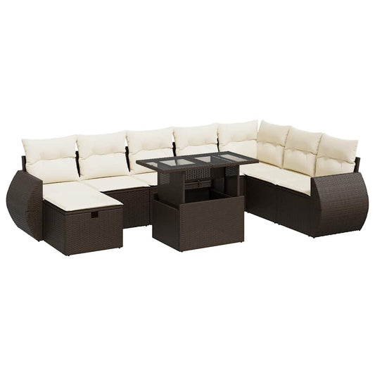 9-tlg. Garten-Sofagarnitur mit Kissen Braun Poly Rattan