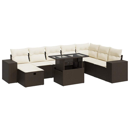 9-tlg. Garten-Sofagarnitur mit Kissen Braun Poly Rattan