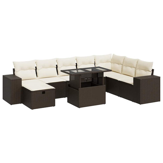 9-tlg. Garten-Sofagarnitur mit Kissen Braun Poly Rattan