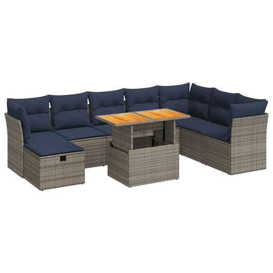9-tlg. Garten-Sofagarnitur mit Kissen Braun Poly Rattan Akazie