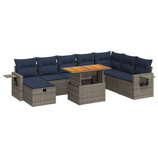 9-tlg. Garten-Sofagarnitur mit Kissen Grau Poly Rattan Akazie