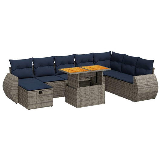 9-tlg. Garten-Sofagarnitur mit Kissen Grau Poly Rattan
