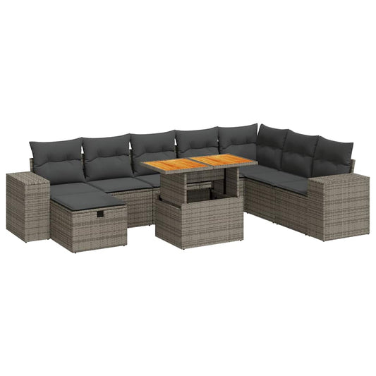 9-tlg. Garten-Sofagarnitur mit Kissen Grau Poly Rattan Akazie