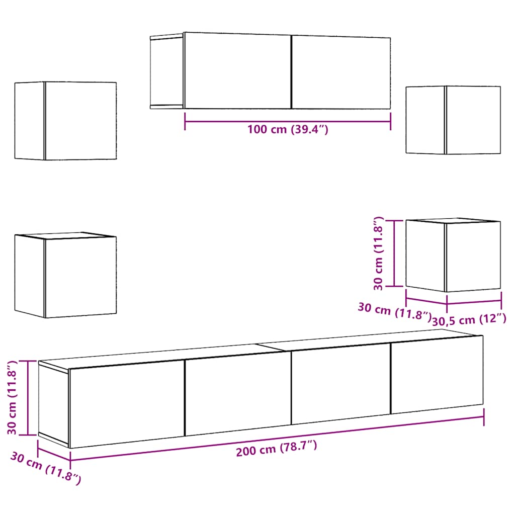 7-tlg. TV-Schrank-Set Wandmontage Altholz-Optik Holzwerkstoff
