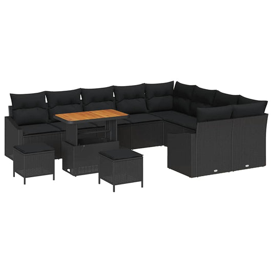 Garten-Sofa-Set mit Kissen 12 pcs Schwarz Poly Rattan