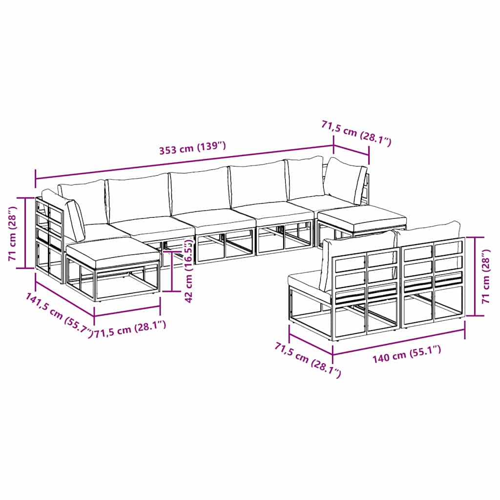 Garten-Sofa-Set mit Kissen 9 pcs Schwarz Aluminium